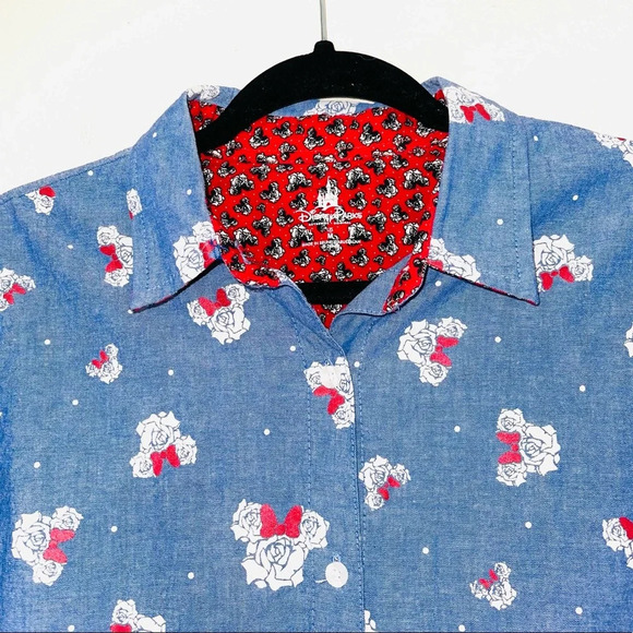 Disney 100% Cotton Blue Rose Minnie Mouse Button Down Shirt Medium Women’s - Picture 2 of 11
